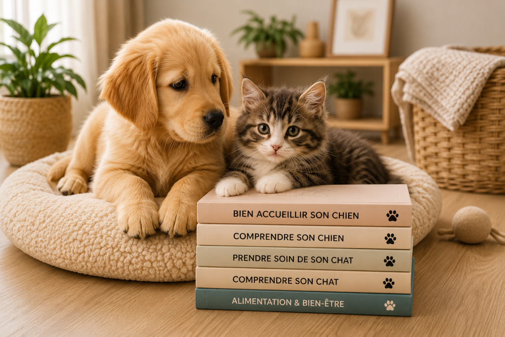 Chien et chat avec des livres sur les soins et le bien-être des animaux