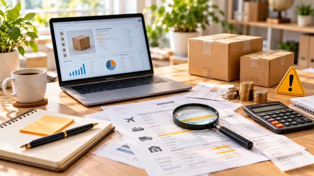 Analyse des coûts Amazon FBA avec calculatrice, cartons, documents et symbole d’alerte