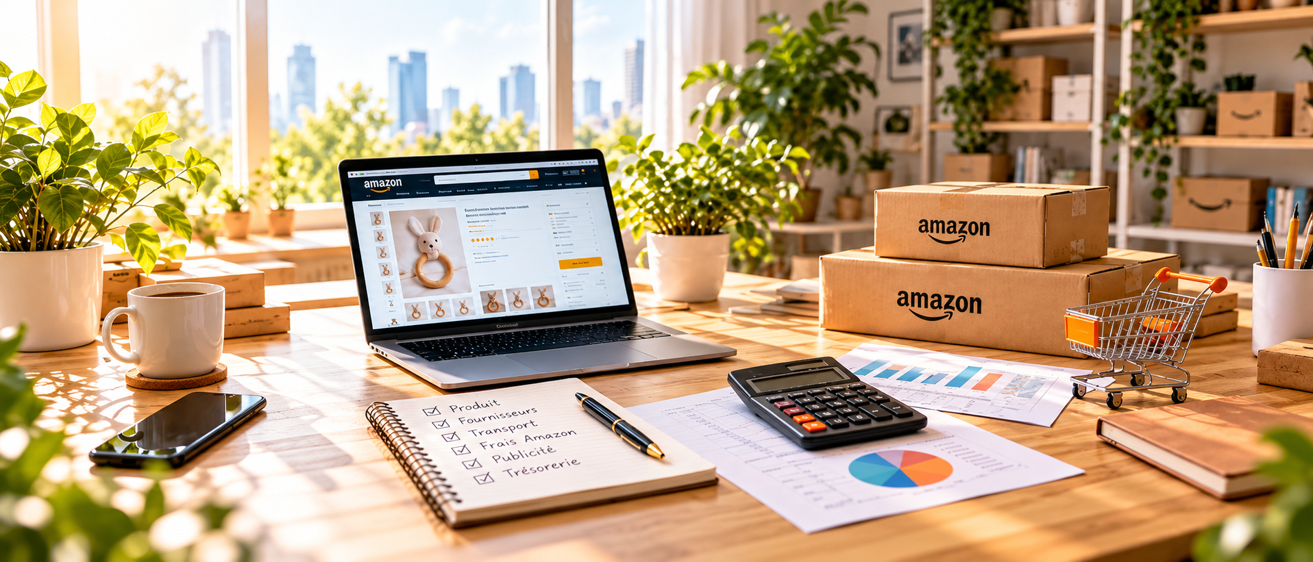 Préparation d’un budget Amazon FBA avec ordinateur, calculatrice, cartons et suivi des dépenses