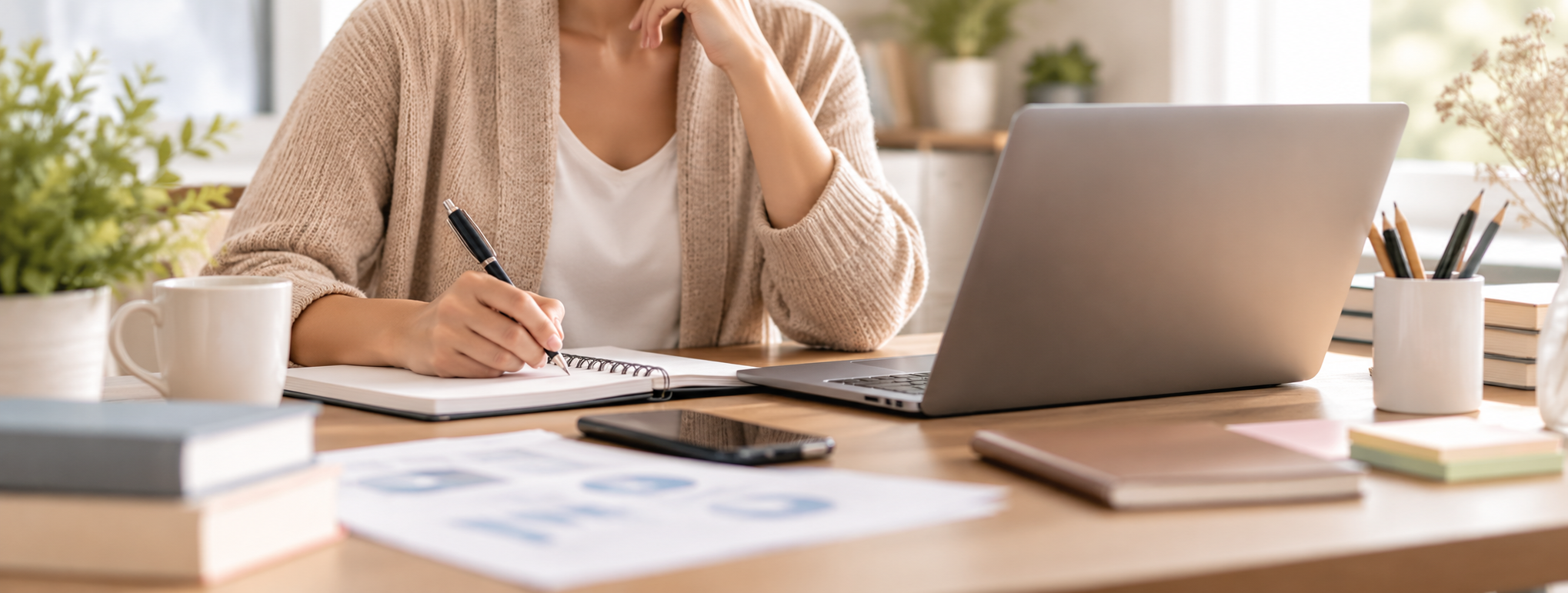 Entrepreneuse préparant son projet de micro-entreprise devant son ordinateur