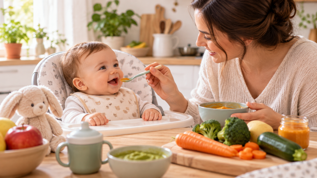 Bébé découvrant ses premiers aliments lors de la diversification alimentaire