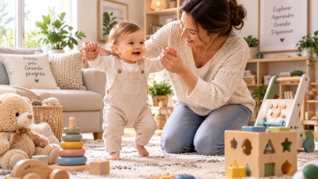 Bébé faisant ses premiers pas accompagné par sa maman