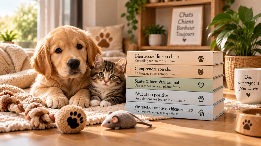 Livres consacrés aux chiens et aux chats présentés avec un chiot et un chaton dans une ambiance chaleureuse.