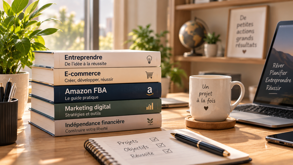 Livres sur l’entrepreneuriat et l’e-commerce accompagnés d’un ordinateur et d’un carnet de travail.