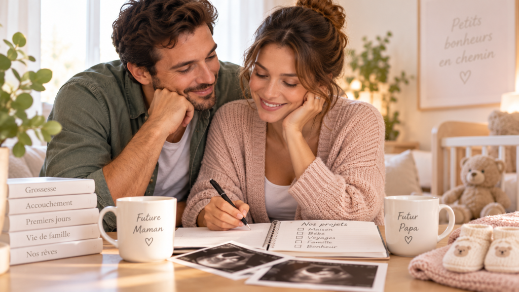 Couple préparant ensemble son projet de parentalité et l’arrivée de bébé