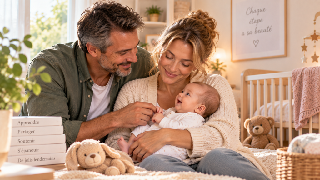 Parents dans la quarantaine partageant un moment avec leur bébé