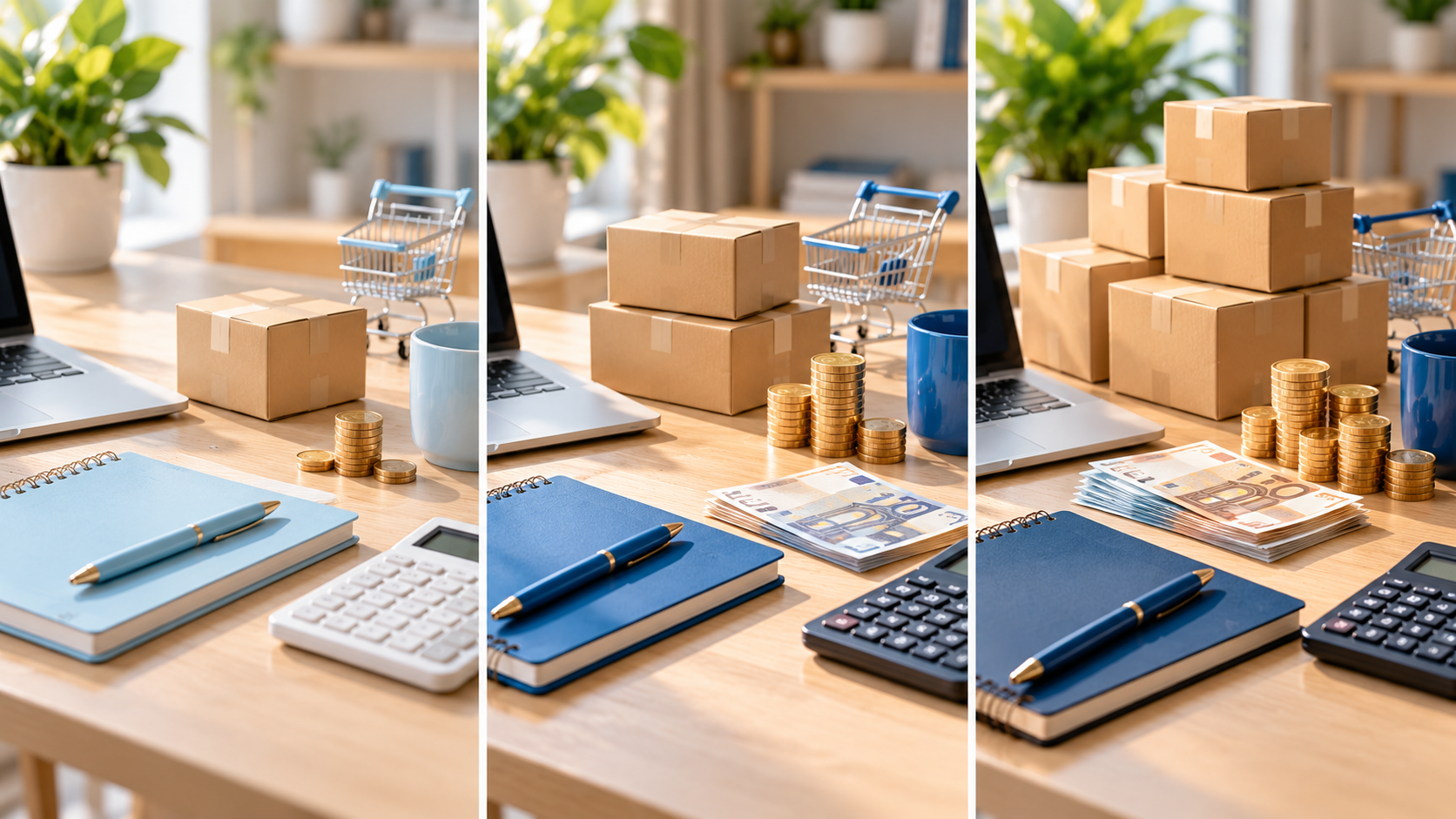 Trois niveaux de budget Amazon FBA illustrés par une progression du stock et de la trésorerie