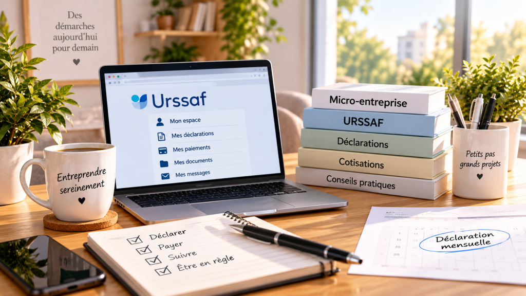 Espace de travail consacré aux déclarations URSSAF d’une micro-entreprise