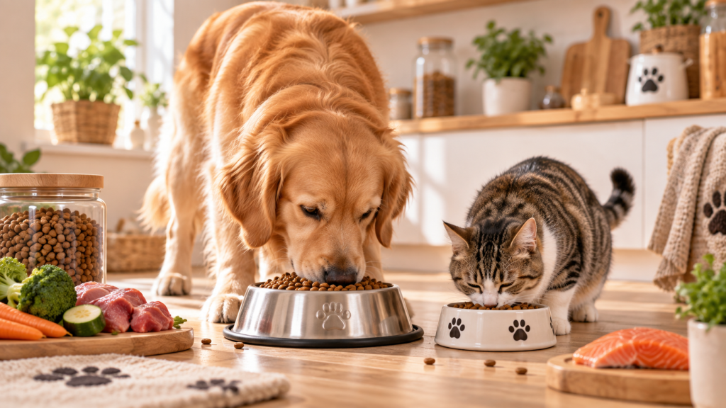 Chien et chat mangeant dans leurs gamelles dans un intérieur chaleureux