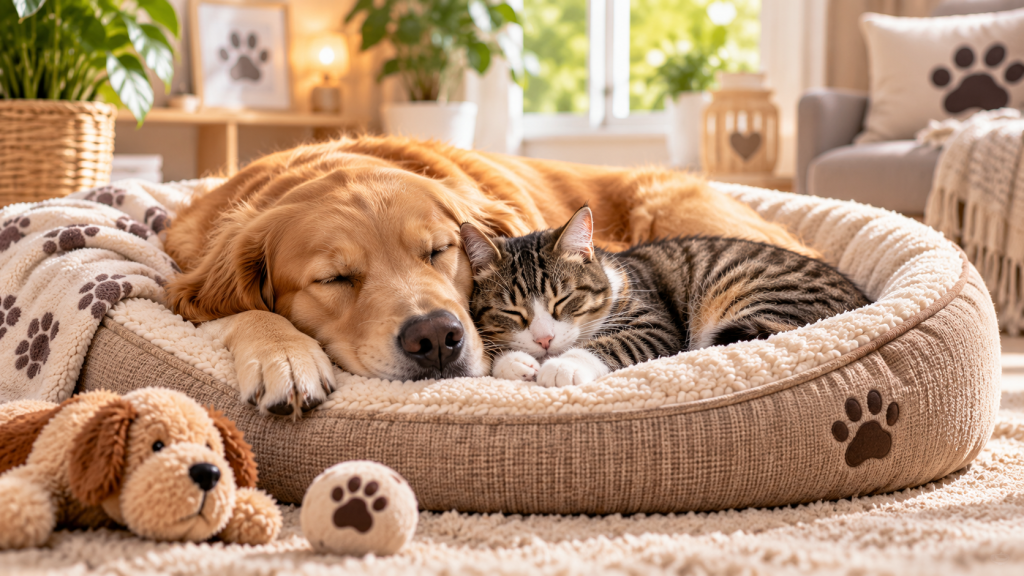 Chien et chat endormis ensemble dans un panier confortable dans un intérieur chaleureux