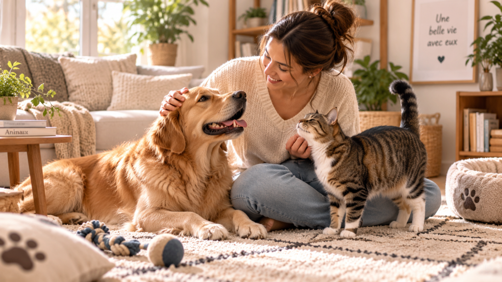 Propriétaire partageant un moment de complicité avec son chien et son chat à la maison