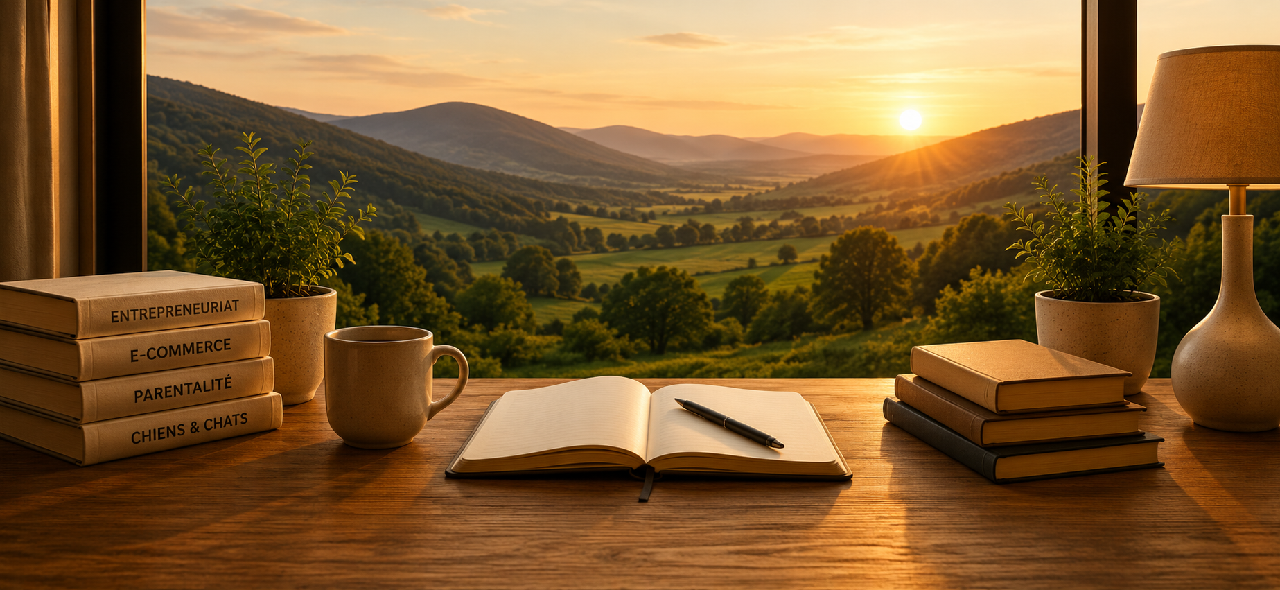 Livres et carnet face à un paysage au coucher du soleil – Éditions T&M 1987 Légende : vide
