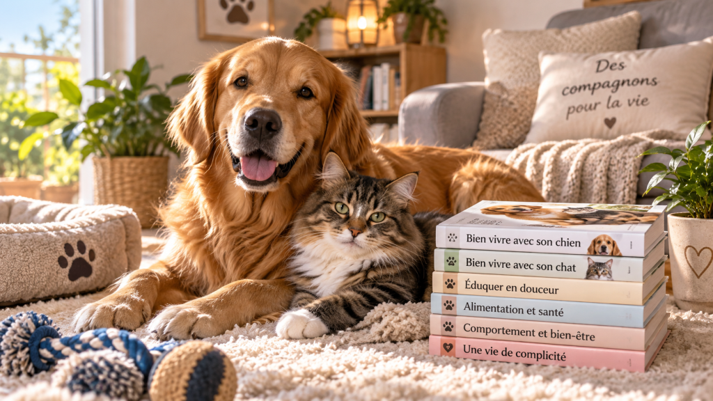 Chien et chat installés ensemble près d’une collection de livres consacrés à leur bien-être et à la vie quotidienne