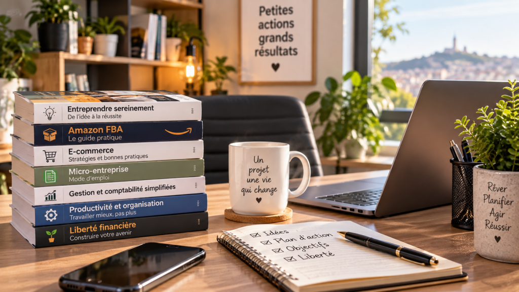 Collection de livres sur l’entrepreneuriat, Amazon FBA, le e-commerce et la gestion d’activité dans un espace de travail