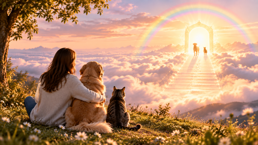 Femme avec un chien et un chat regardant le pont de l’arc-en-ciel en hommage aux animaux disparus