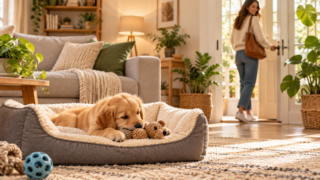 Chiot restant calmement dans son couchage pendant que sa maîtresse quitte progressivement la maison.