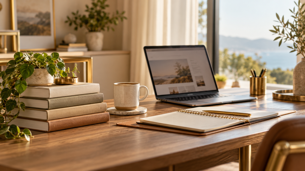 Bureau lumineux avec une pile de livres, un ordinateur portable, un carnet et une tasse de café, illustrant l'entrepreneuriat et le e-commerce.