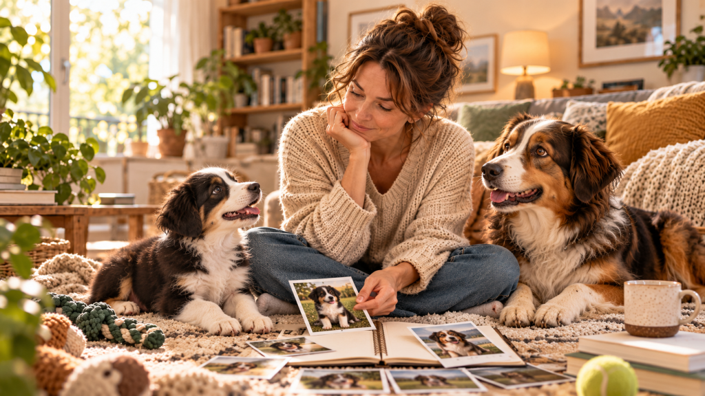 Femme réfléchissant à son choix entre un chiot et un chien adulte dans une ambiance chaleureuse.