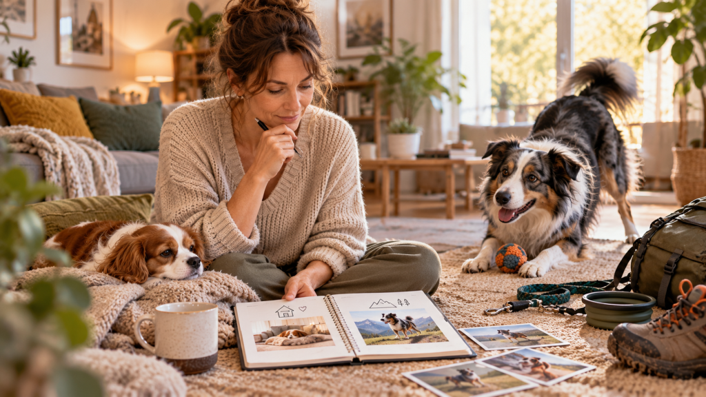 Illustration chaleureuse évoquant le choix d’un chien adapté au mode de vie et au quotidien de son futur foyer.