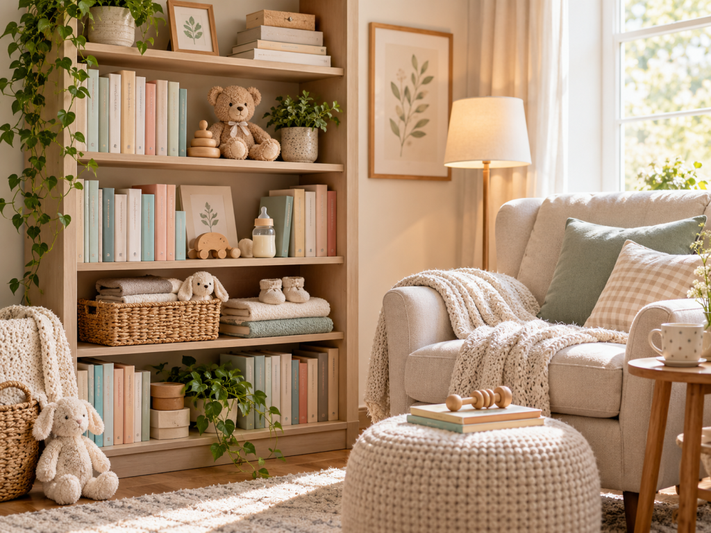Scène douce et lumineuse avec un ours en peluche, un biberon et une pile de livres, illustrant la parentalité et l’univers du bébé.