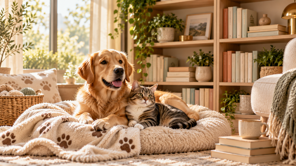 Un Golden Retriever et un chat tigré installés ensemble dans un coin lecture chaleureux, devant une bibliothèque remplie de livres.