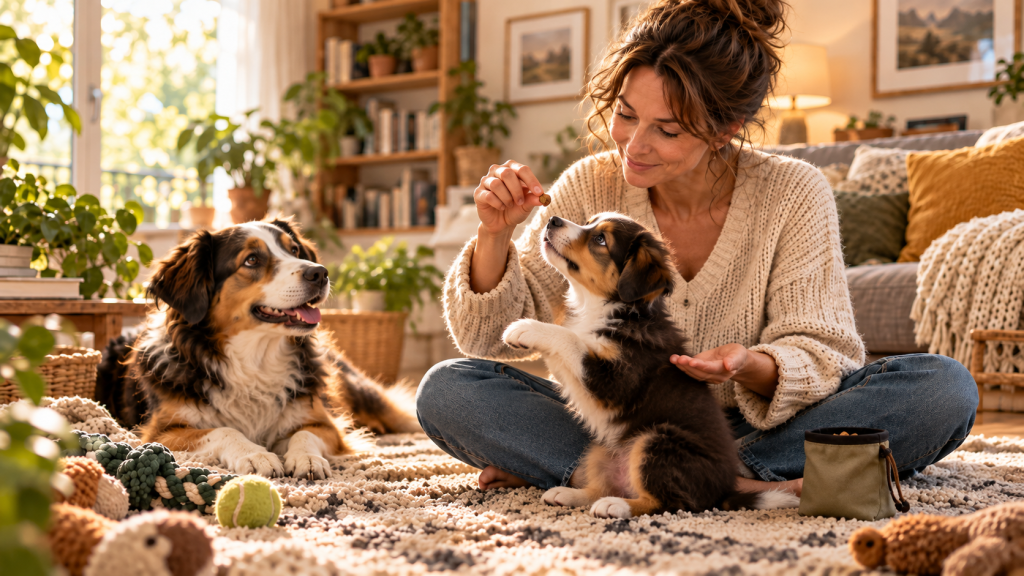 Femme récompensant un chiot pendant un apprentissage avec un chien adulte à proximité.