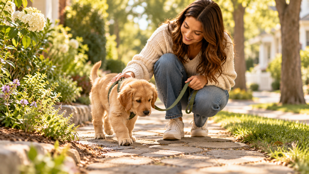 Femme accompagnant son chiot en laisse lors de la découverte d’un jardin.
