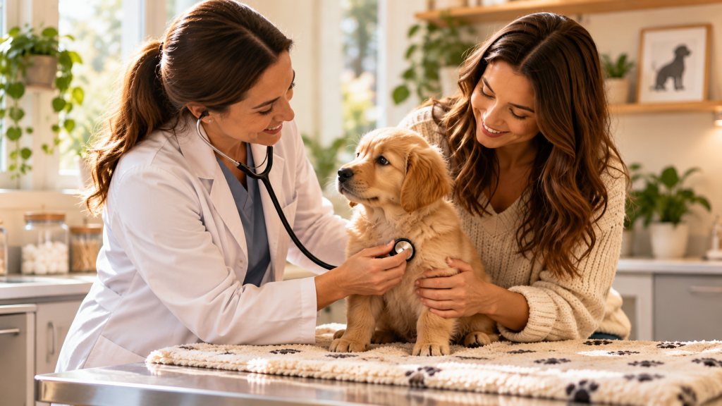 Vétérinaire examinant un chiot accompagné de sa maîtresse lors d’une consultation.