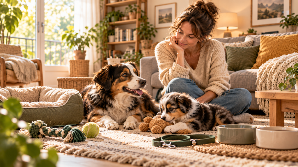 Femme avec un chiot et un chien adulte entourés de leurs accessoires dans un salon chaleureux.
