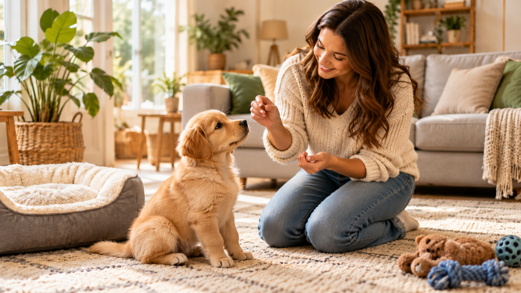 Femme récompensant un chiot pendant une séance d’apprentissage dans un salon.