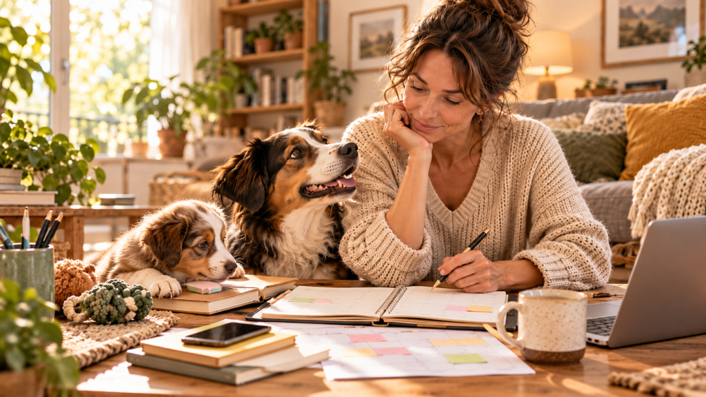 Femme organisant son quotidien en compagnie d’un chiot et d’un chien adulte.