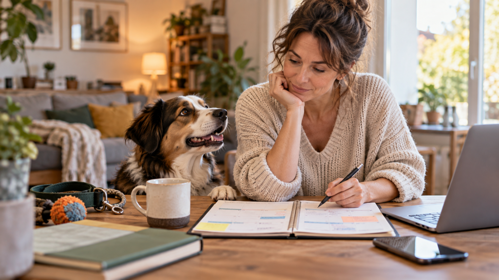 Personne organisant son emploi du temps avec son chien dans une ambiance chaleureuse.