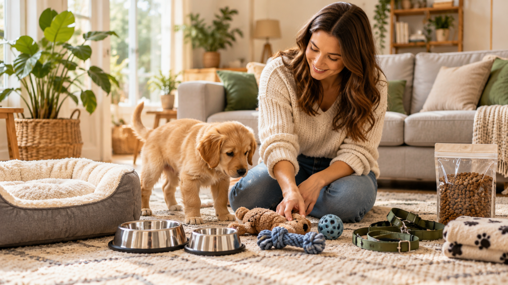 Femme préparant le couchage, les gamelles, les jouets et les accessoires avant l’arrivée d’un chiot.