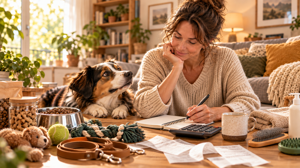 Femme calculant le budget consacré à son chien avec nourriture, accessoires et reçus.
