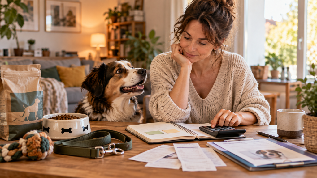 Scène illustrant les dépenses à prévoir pour un chien dans un foyer, avec une ambiance douce et rassurante.