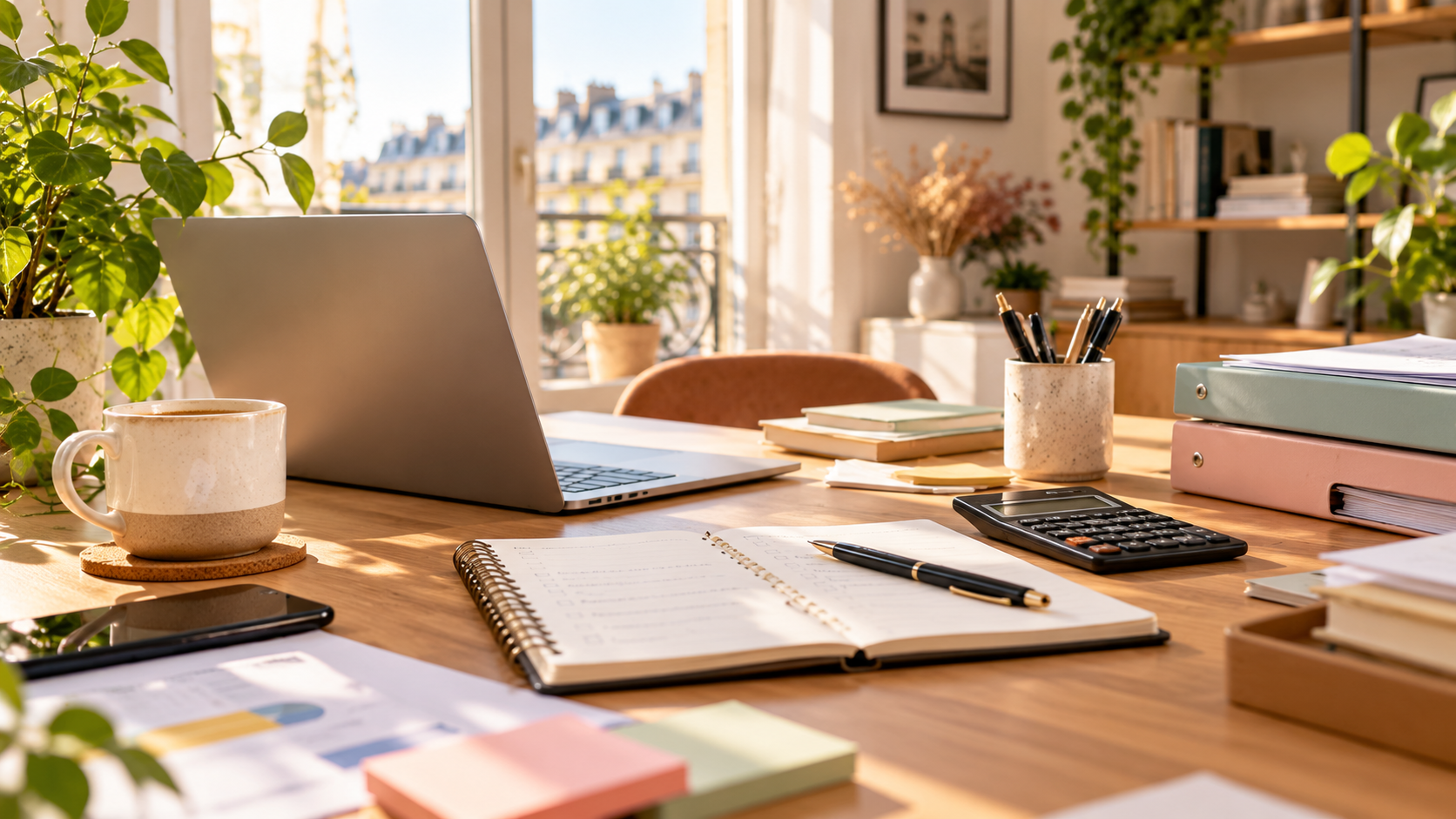 Préparation d’un projet de micro-entreprise avec ordinateur, carnet et documents