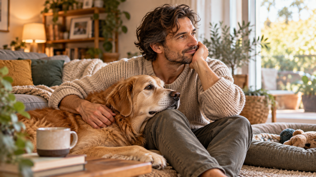 Moment de complicité entre une personne et son chien, symbolisant un engagement sur plusieurs années.
