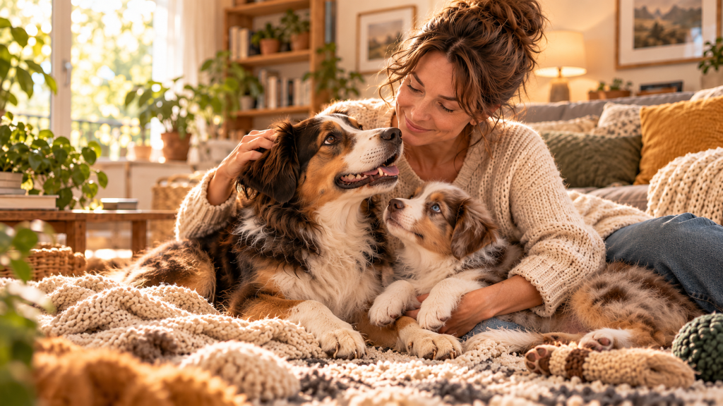 Femme partageant un moment de complicité avec un chiot et un chien adulte.