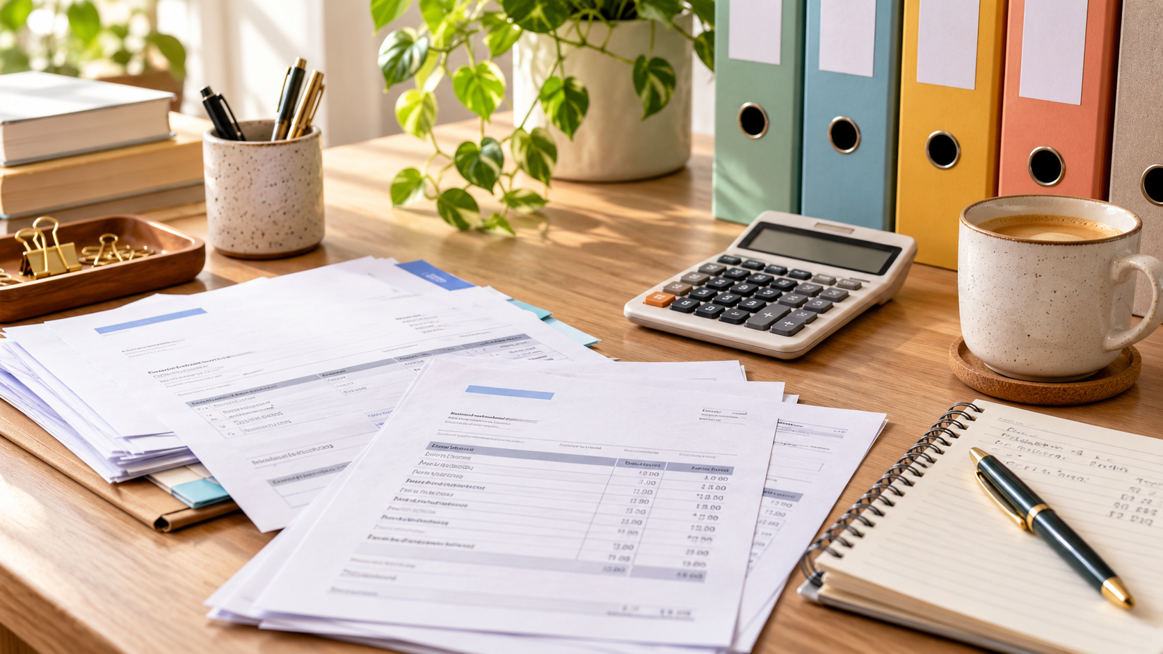 Factures, calculatrice et documents comptables pour le suivi de la TVA d’une micro-entreprise