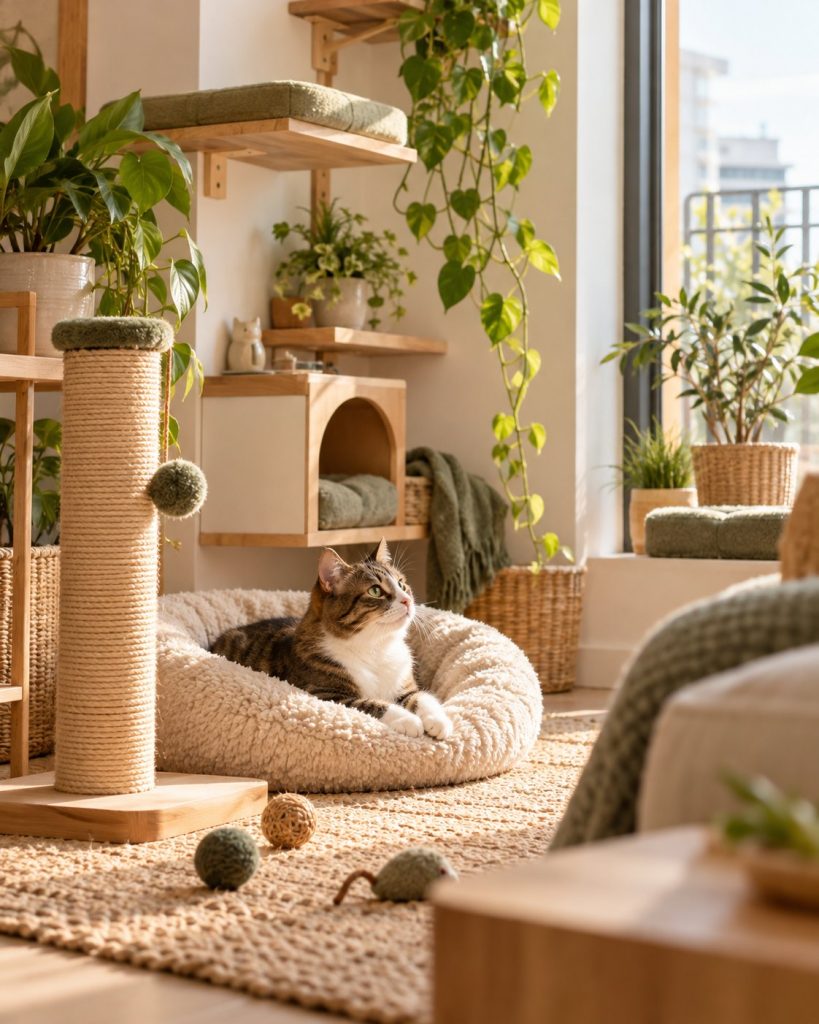 Un chat tigré et blanc couché dans un panier moelleux, à côté d'un griffoir, avec une niche murale et des plantes