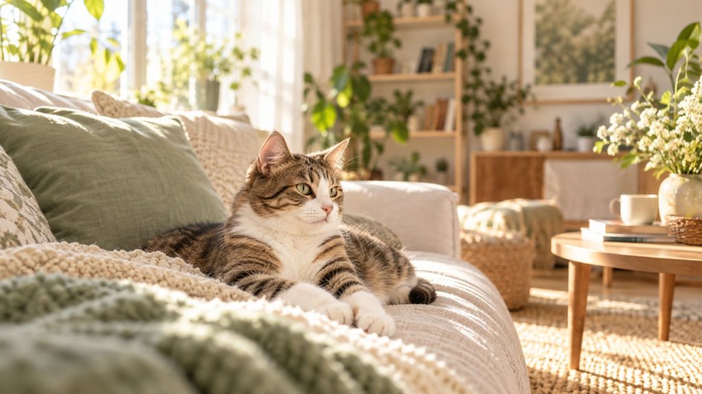 Un chat tigré et blanc allongé sur un canapé dans un salon lumineux, entouré de plantes vertes