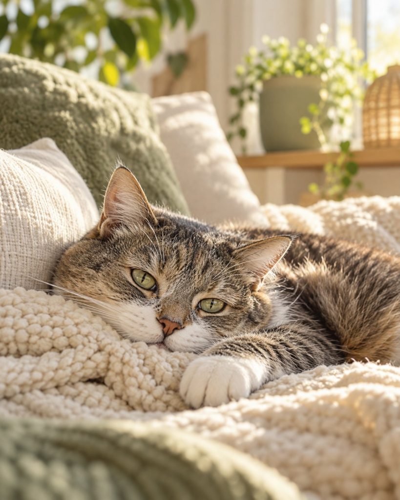 Un chat tigré et blanc au repos, la tête posée sur un plaid crème moelleux, dans la lumière douce du salon