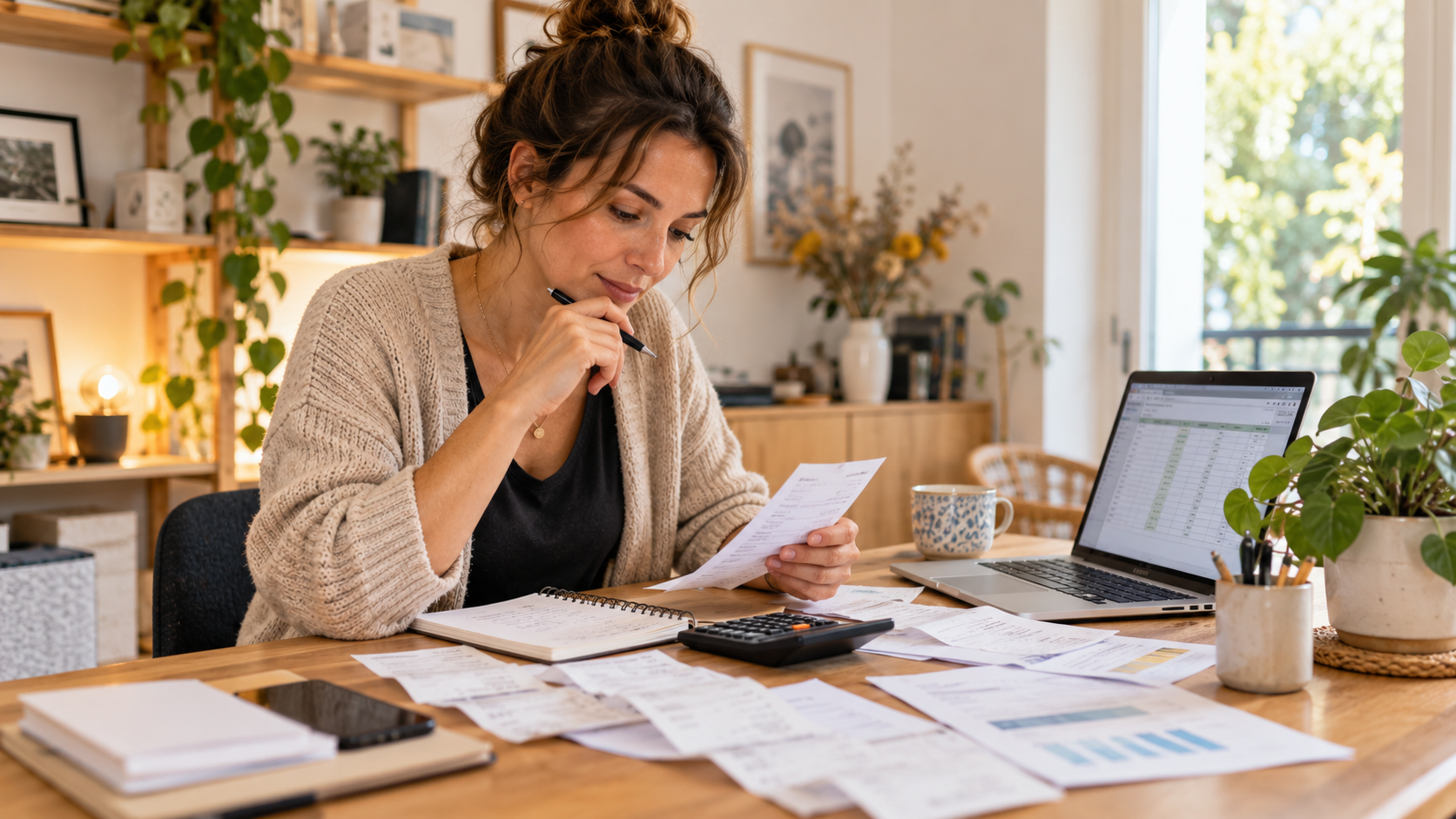 Micro-entrepreneuse vérifiant ses factures et ses documents pour comprendre la TVA de son activité