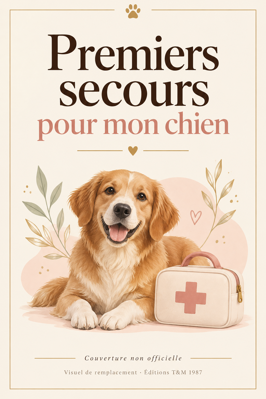 Visuel de remplacement, non officiel, pour le livre Premiers secours pour mon chien : un chien roux couché près d'une trousse de secours, Éditions T&M 1987