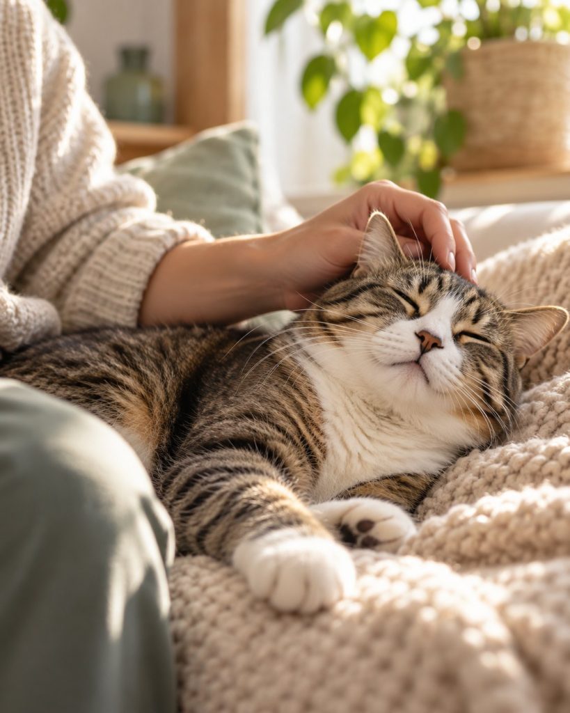 Une main caresse doucement la tête d'un chat tigré et blanc, les yeux mi-clos, allongé sur un plaid