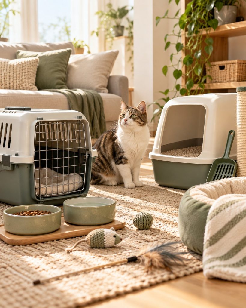 Matériel de base pour un chat : caisse de transport, bac à litière, gamelles, jouets et panier, avec un chat assis au centre